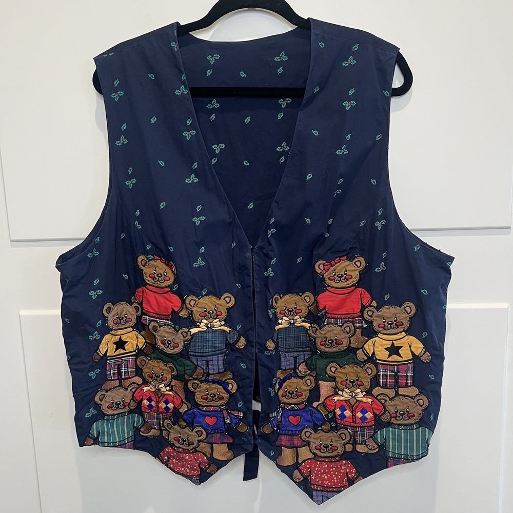 Christmas Teddy Bear Vest Blue Multi color Teddy Bears Holiday Ugly Christmas